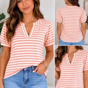St. John’s Bay Top Womens Size M Orange & White Striped Split V-Neck